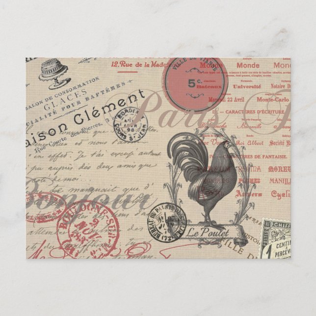 Cartão Postal Vintage French Escrevendo Tipografia Paris Rooster (Frente)