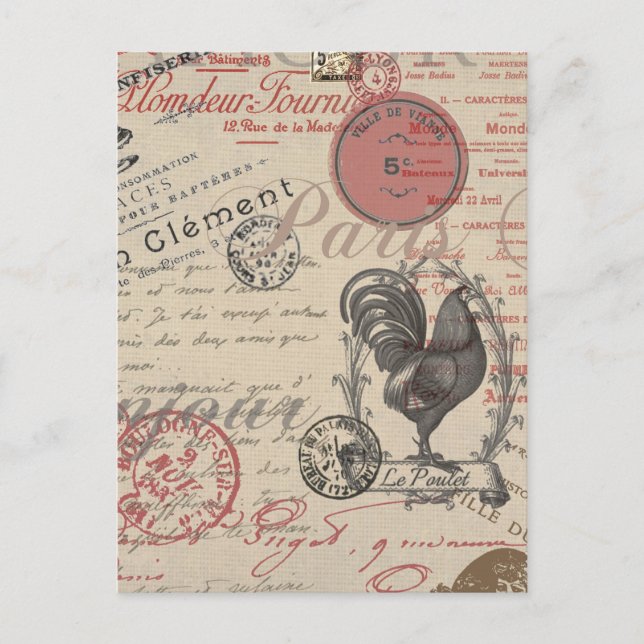 Cartão Postal Vintage French Escrevendo Tipografia Paris Rooster (Frente)