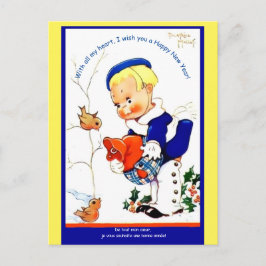 Cartão Postal Vintage French Girl w/ Birds in Snow - Delícia