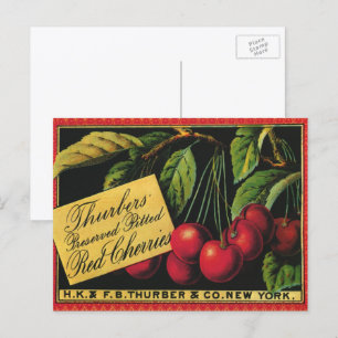 Cartão Postal Vintage Fruta Crate Label Art, Thurber Cherries