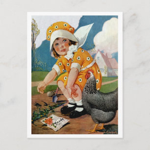CARTÃO POSTAL VINTAGE GARDEN "PLANTING TIME" BEBÊ E ROOSTER