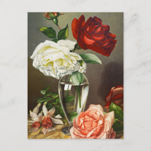 Cartão Postal Vintage Garden Roses in a Glass Vase
