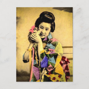 Cartão Postal Vintage Geisha com um gatinho bonito e velho Japão