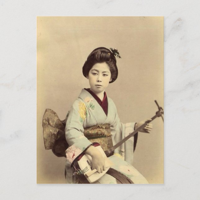 Cartão Postal Vintage, geisha japonesa, tocando o shamisen (Frente)