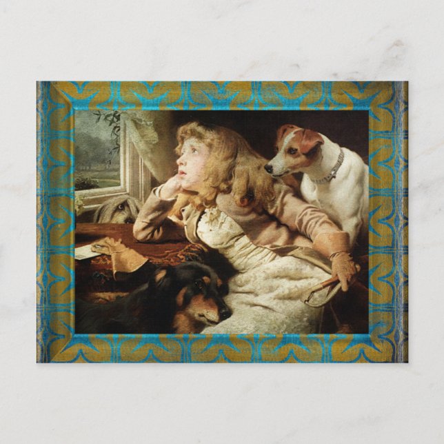 Cartão Postal Vintage Girl and Two Dogs Grunge Frame (Frente)
