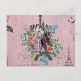 Cartão Postal Vintage Girl Corloful Rosa vermelha Paris Eiffel T