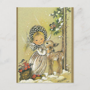 Cartão Postal Vintage Girl Hugging Baby Deer