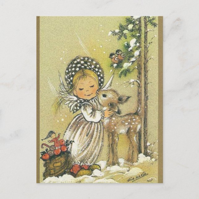 Cartão Postal Vintage Girl Hugging Baby Deer (Frente)
