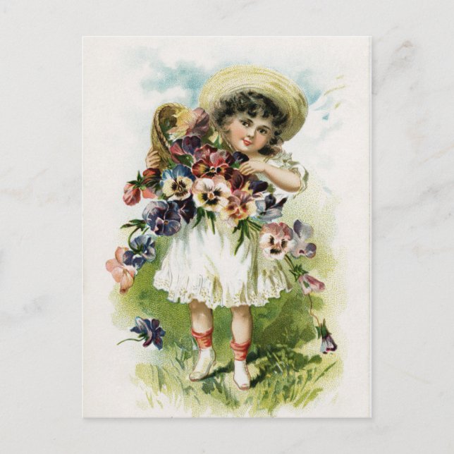 Cartão Postal Vintage Girl with Pansies (Frente)