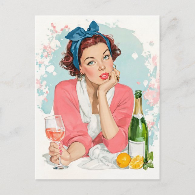 Cartão Postal Vintage Girl with Pink Champagne (Frente)