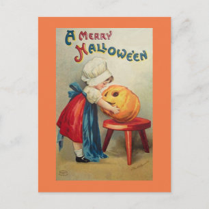 Cartão Postal Vintage Girl with Pumpkin
