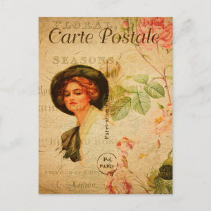 Cartão Postal Vintage Glamorous Lady Woman Rosa Floral French