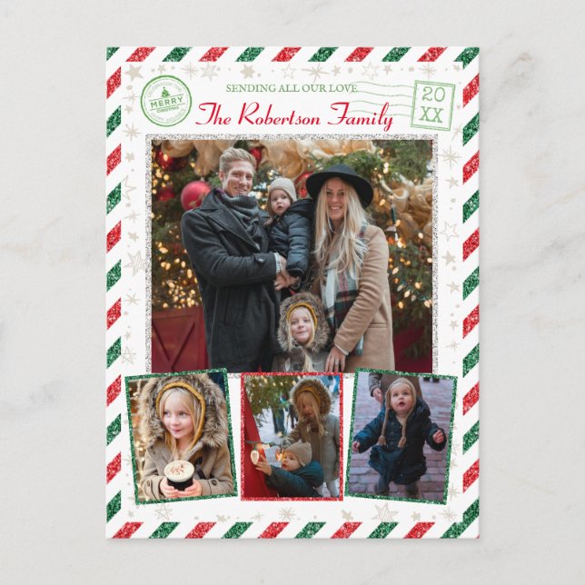 Cartão Postal Vintage Glitter Family Photos Airmail Natal (Frente)