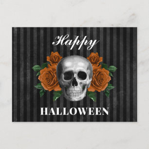 Cartão Postal Vintage Gothic Skull & Orange Rosa Happy Halloween