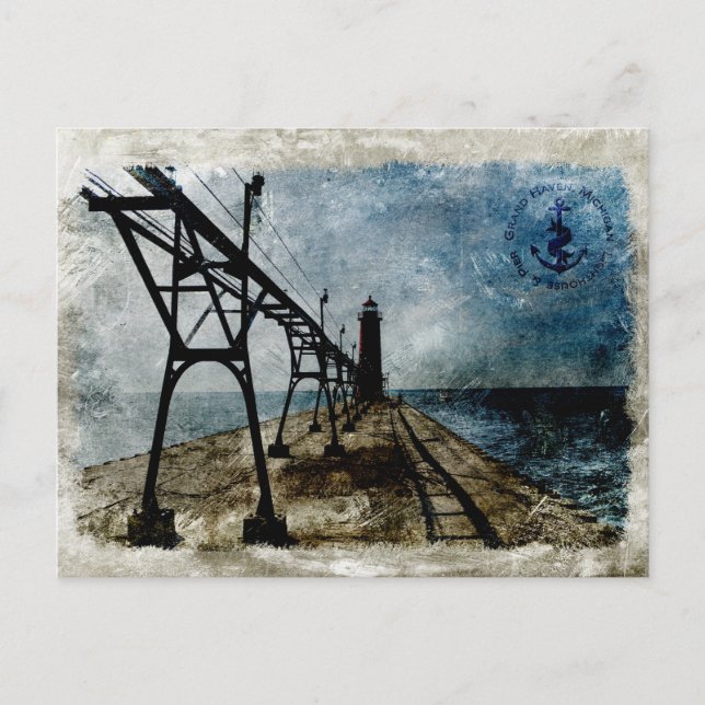 Cartão Postal Vintage Grand Haven Lighthouse (Frente)