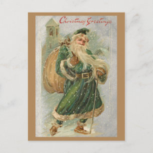 Cartão Postal Vintage Green-Robed Padre Natal em Neve