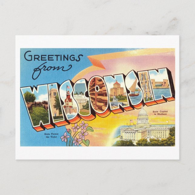 Cartão Postal Vintage Greetings from Wisconsin (Frente)
