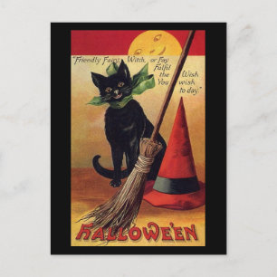 Cartão Postal Vintage Halloween Black Cat, bruxa e chapéu de br