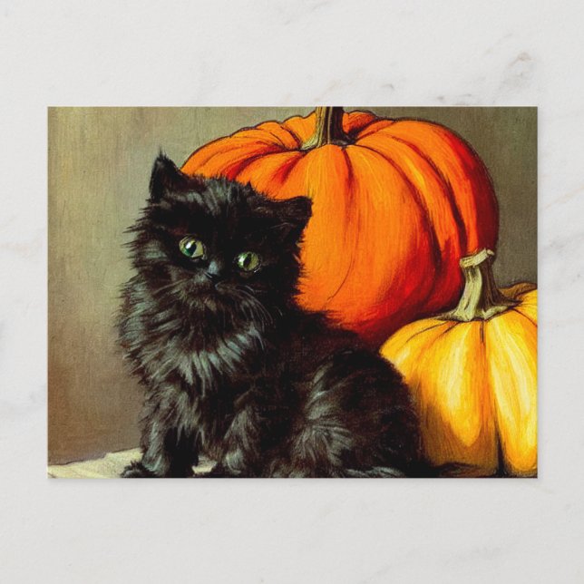 Cartão Postal Vintage Halloween Black Cat e Pumpkins (Frente)