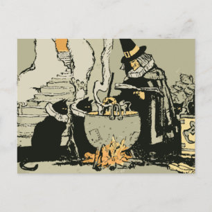 Cartão Postal Vintage Halloween, Bruxa com Cauldron e Gatos