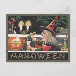 Cartão Postal Vintage Halloween Bruxa Misturando Poção Mágica