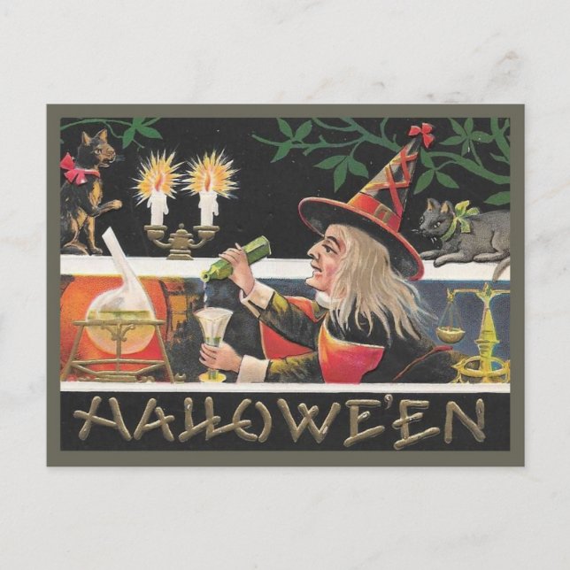 Cartão Postal Vintage Halloween Bruxa Misturando Poção Mágica (Frente)