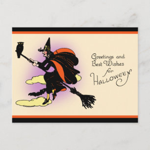 Cartão Postal Vintage Halloween Bruxa Saudação