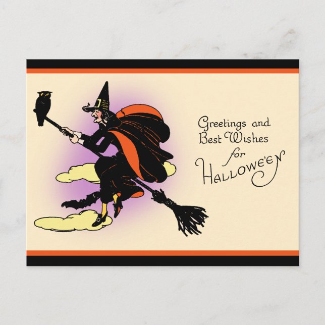 Cartão Postal Vintage Halloween Bruxa Saudação (Frente)