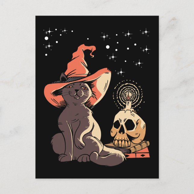 Cartão Postal Vintage Halloween Cat Witchy Skyx (Frente)