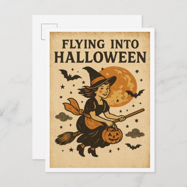 Cartão Postal Vintage Halloween Flying (Frente/Verso)
