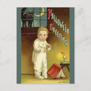 Cartão Postal Vintage Halloween, Garoto Assustado com Gato Negro
