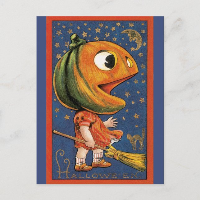Cartão Postal Vintage Halloween, Giant Pumpkin Head Costume (Frente)