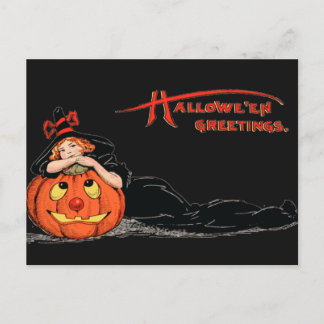 Cartão Postal Vintage Halloween Girl Witch and Pumpkin