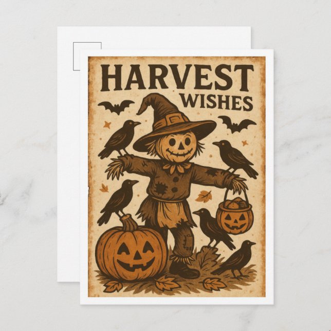 Cartão Postal Vintage Halloween Harvest Wishes (Frente/Verso)