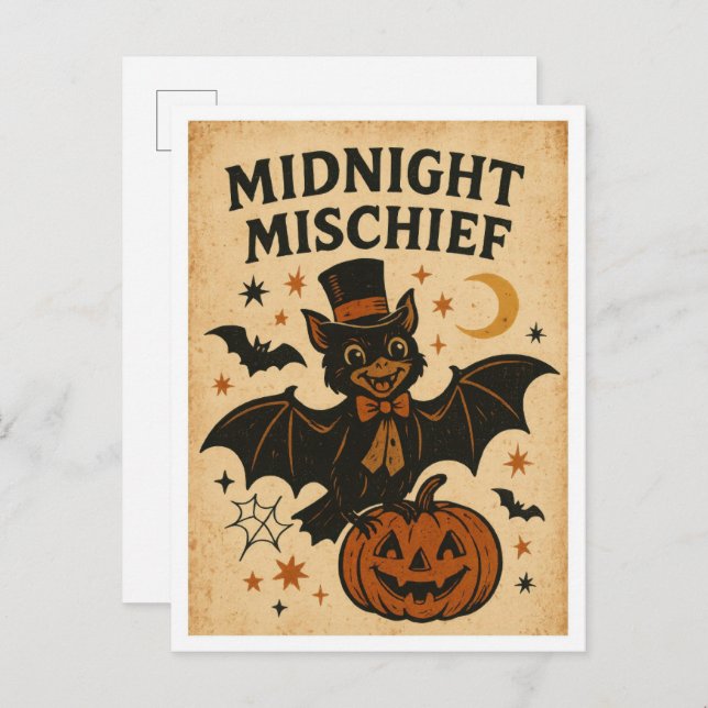 Cartão Postal Vintage Halloween Midnight Mischief (Frente/Verso)