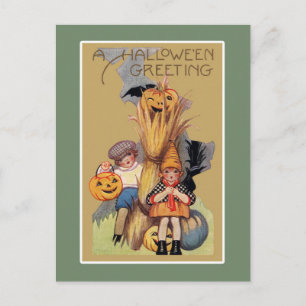 Cartão Postal Vintage Halloween miúdos abóbora espantalho