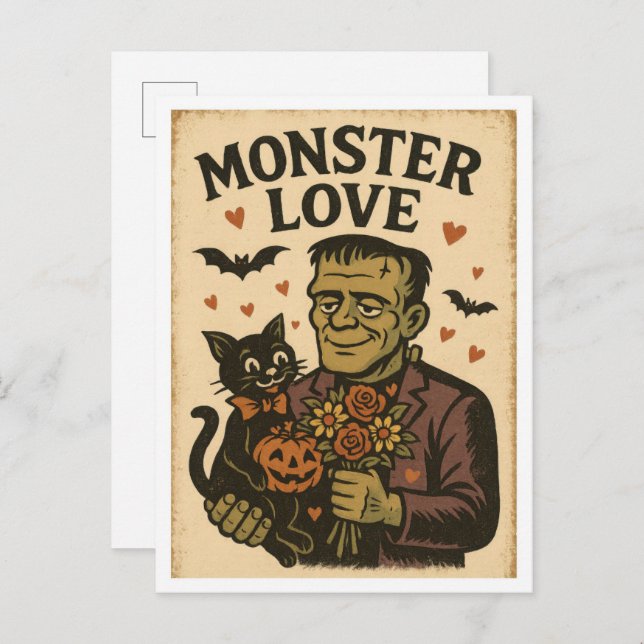 Cartão Postal Vintage Halloween Monster Love (Frente/Verso)
