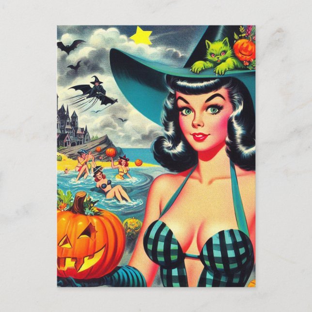 Cartão Postal Vintage Halloween Pin-up (Frente)