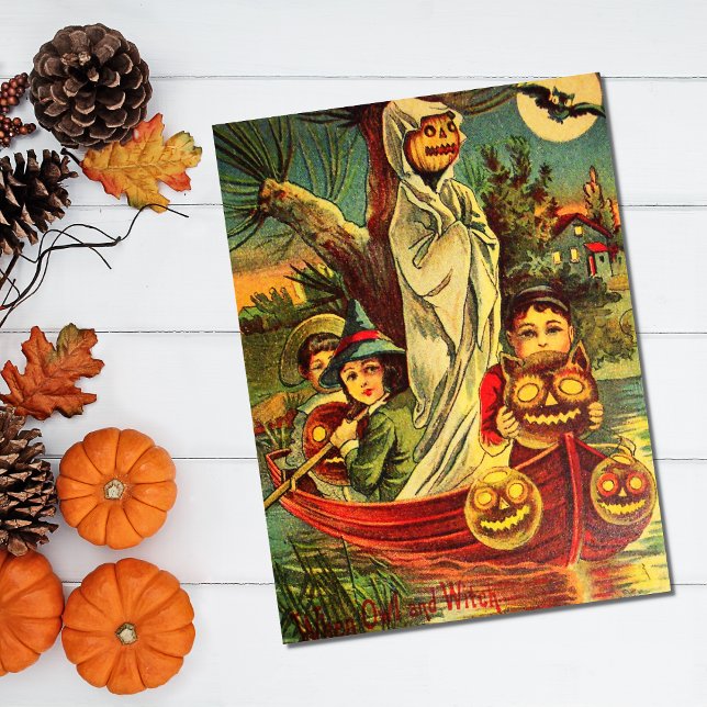 Cartão Postal Vintage Halloween Pumpkin Boat (Criador carregado)