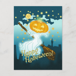 Cartão Postal Vintage Halloween Pumpkin Ghost