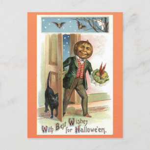 Cartão Postal Vintage Halloween Pumpkin Head Man Black Cat