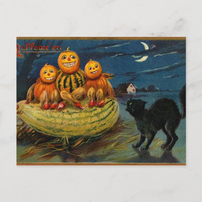 Cartão Postal Vintage Halloween Pumpkins Black Cat (Frente)