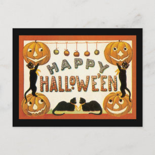 Cartão Postal Vintage Halloween, Retro Cats com Pumpkins