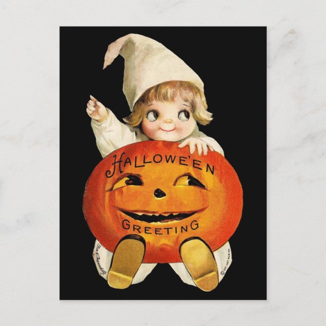 Cartão Postal Vintage Halloween Saudação com Menininha (Frente)