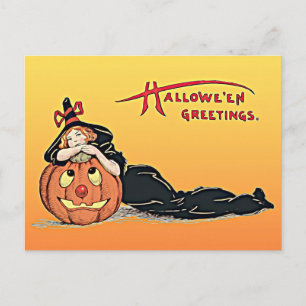 Cartão Postal Vintage Halloween Saudações Bruxa Pumpkin