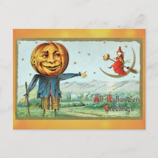 Cartão Postal Vintage Halloween Saudações Pumpkin Witch (Frente)