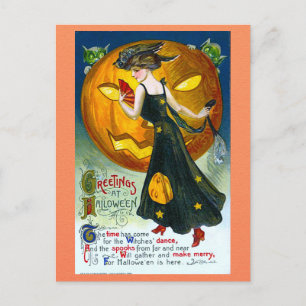 Cartão Postal Vintage Halloween Saudações Witch Pumpkin Poem