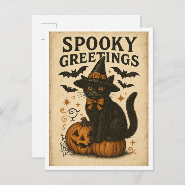 Cartão Postal Vintage Halloween Spooky Greetings (Frente/Verso)