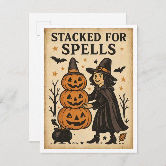 Cartão Postal Vintage Halloween Stacked for Spells (Frente/Verso)