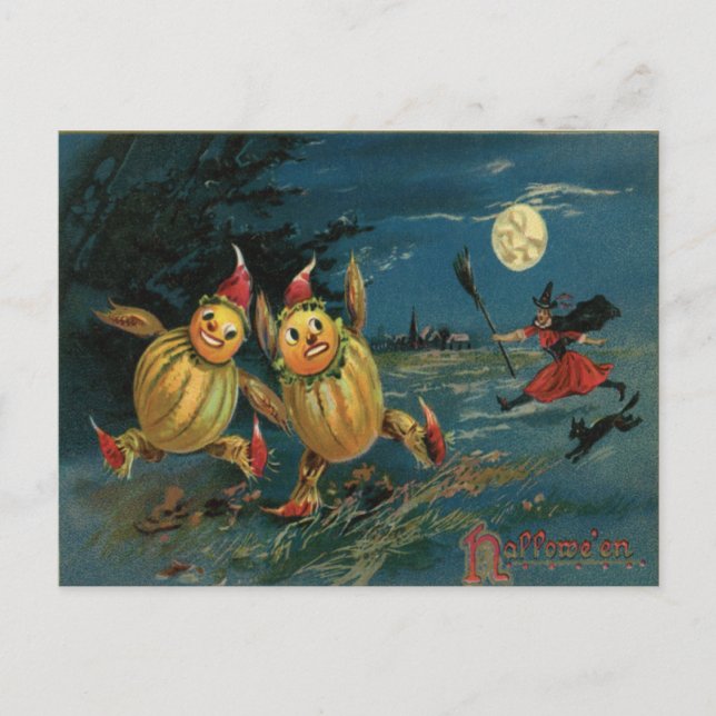Cartão Postal Vintage Halloween Veggie Pessoas na Execução (Frente)